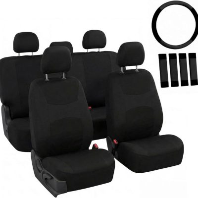 Full Set Cloth Car Seat Covers, Universal Fit Front and Split Bench Rear, Airbag Compatible, Washable for SUV, Sedan, Van - Black