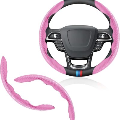 Universal Fit Carbon Fiber Steering Wheel Cover, Segmented Steering Wheel Protector, Carbon Fiber Anti-Skid Steering Wheel Cover Car Interior Accessories (2 Pcs Pink)