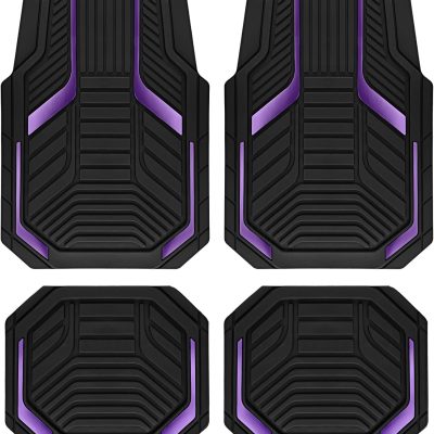 Heavy Duty Rubber Floor Mats, Purple Aluminum Film Car Mats Set, Front and Rear Car Mats with Anti-Slip Backing, All Weather Protection, Trim-to-Fit for Automotive SUV, Sedan, Van