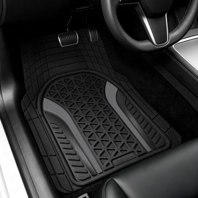 Heavy Duty Rubber Car Mats Carbon Fiber Design (Graphite Gray), 4-Piece Deep Waterproof Floor Mats Set (Front & Rear Full Set), All Weather Universal Trim to Fit Automotive SUV Sedan Truck