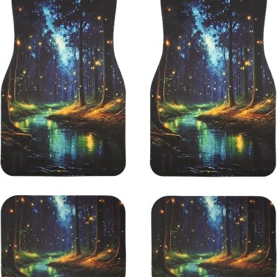Universal Fit Car Floor Mats - Tech Cloth with Elegant Patterns, Enchanted Forest Stream, Front (26.8x17.3in) & Rear (13x17.3in) Set, Anti-Slip Rubber Bottom, 4PCS, Water-Resistant & Simple to Clean