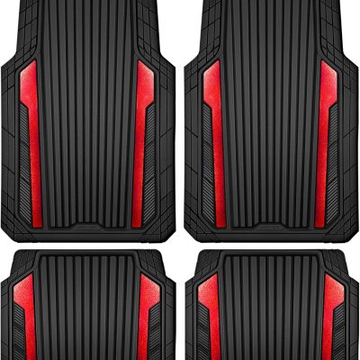Heavy Duty Rubber Car Mats Metallic, Aluminum Film All Weather Floor Mats Waterproof Universal Trim to Fit Automotive SUV Sedan Van 4 Piece Anodized Deep Dish Two-Tone Sporty Black Red Chrome