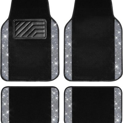 Bling Diamond Car Floor Mats, Shining Rhinestone Carpet Sparkly Glitter Crystal with Anti-Slip Heel Pad Waterproof Universal Fit Automotive SUV,Sedan,Van,Cute Girl Women,4pcs Black Sliver