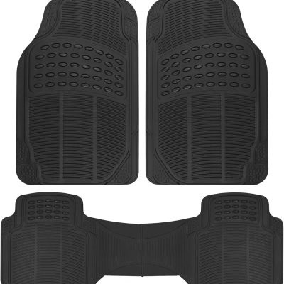 Car Floor Mats for Cars Trucks SUV, 3-Piece All-Weather Heavy Duty Rubber Liners with Universal Trimmable Fit, Durable Waterproof Vehicle Auto Floor Mats with Capture Ridges Black