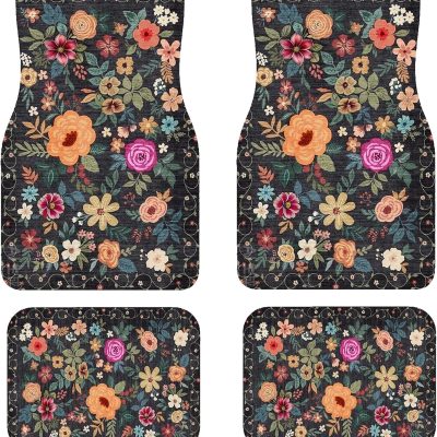 Premium Linen Boho Car Floor Mats Full Set | Vintage Floral Pattern Car Decor for Women,Men | Waterproof All-Weather Universal Fit for SUV, Sedan | Luxury Bohemian Car Accessories, Non-Slip