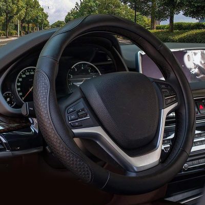 Leather Steering Wheel Covers Universal 15.75 inch -Breathable, Anti Slip & Odor Free (Black with Black Lines,L(15″ 1/2-16″))