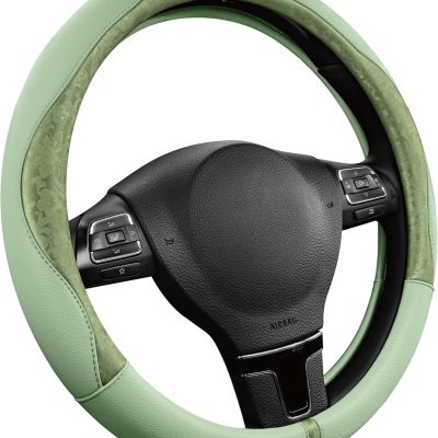 Steering Wheel Cover, Green Patterned Leather Patchwork Design, Universal Fit 14.5"–15.5", Anti-Slip, Odor-Free, Soft Grain Leather, Durable Grip Car Accessory for Girls & Women