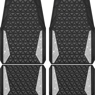 Bling Diamond Car Mats Rubber Floor Mats Full Set Anti-Slip 3D Rhombus Waterproof Trim to Fit Liner Universal Glitter Crystal Sparkly Shining Rhinestone Girl Women SUV Sedan, Silver Diamond